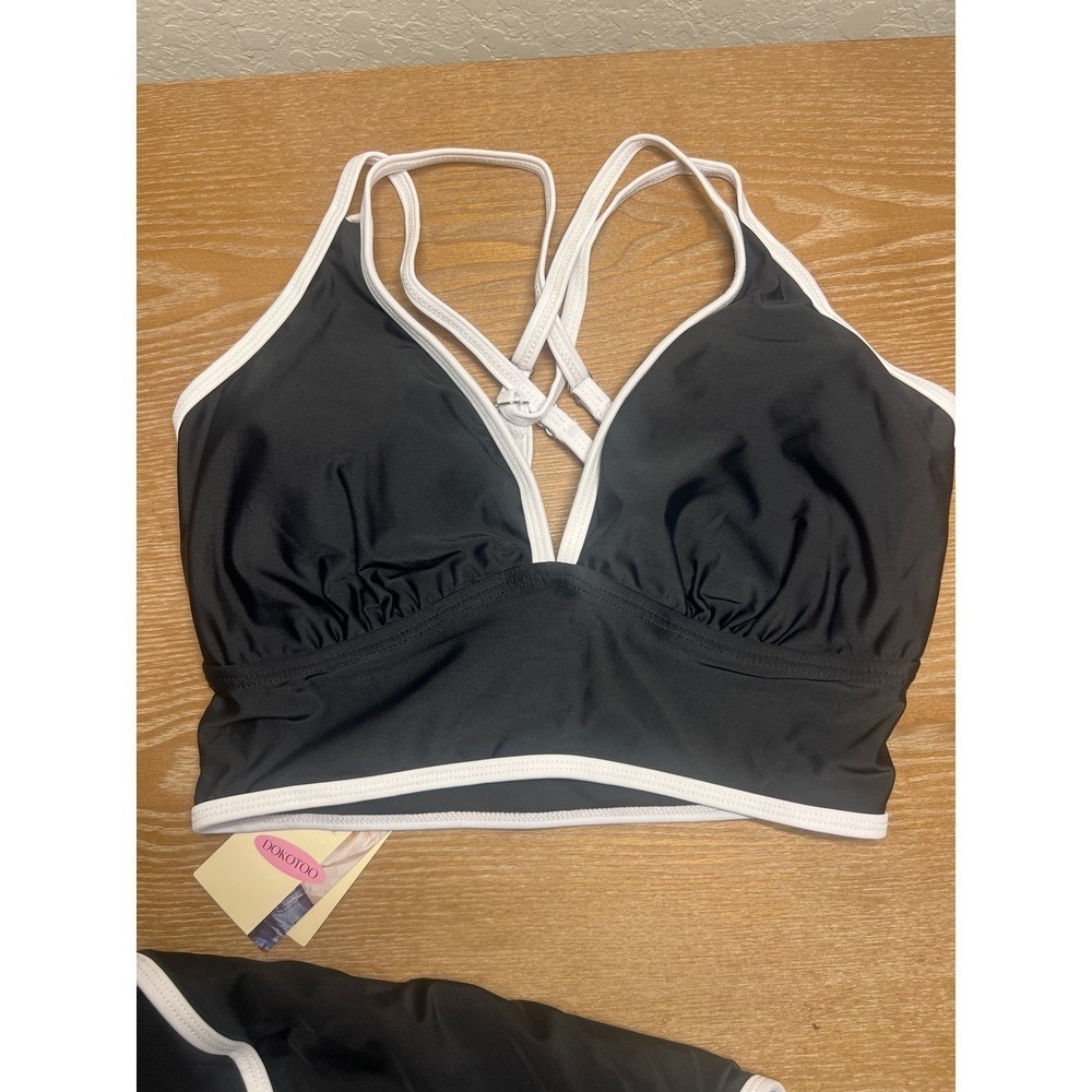 Dokotoo Womens Black White Contrast Trim High Waisted Bikini Set NWT - Picture 4 of 6